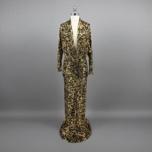 Gold Leopard Print Bodycon Evening Party Gown Dress S